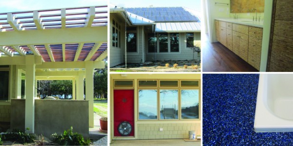 Green elements of the Cape Charles home include (clockwise from left): a pergola to provide shade, a solar PV array, cork- and bamboo-lined kitchen surfaces, recycled-content countertops and energy efficient windows. Images via J. Harrison, Architect.