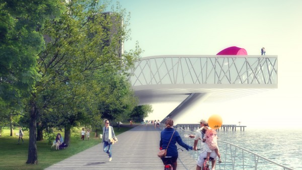 The cantilevered "knoll" section would provide a series of covered spaces overhanging the Detroit River. Image via atelier WHY.
