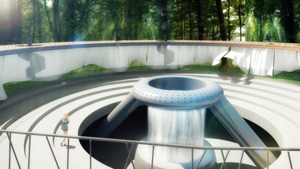 Hart Plaza's Dodge Fountain, designed by Isamu Noguchi in 1979, would be preserved in the Forest plans, surrounded by a small amphitheater. Image via atelier WHY.