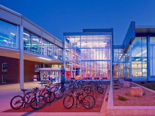 The bike-friendly exterior of Iowa State University's new LEED Platinum State Gym. Image via RDG Planning & Design.