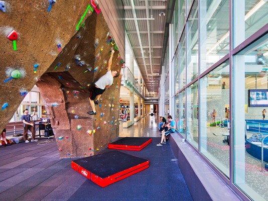 View of new climbing wall and aquatic center at ISU's State Gym. Image via RDG Planning & Design.
