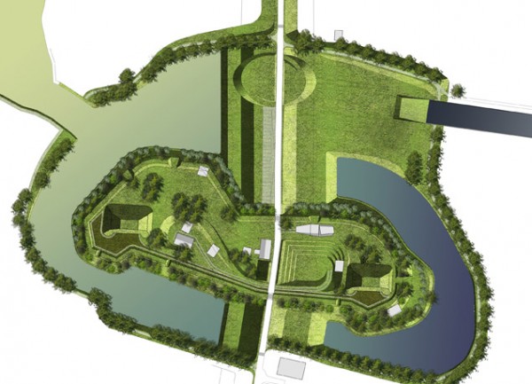 Site plan of Fort "Werk aan 't Spoel," showing flooded channels. Image by Rob 't Hart via Rietveld Landscape.