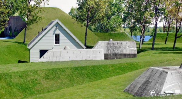 Some of the original buildings and bunkers at Fort "Werk aan 't Spoel" are preserved in the new recreation area. Image by Rob 't Hart via Rietveld Landscape.