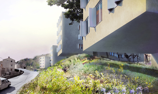 Artist's rendering of Interpolation housing project overhanging green space. Image via Zoka Zola Architecture + Urban Design.