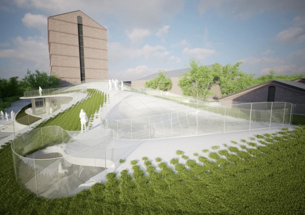 A wide, looping green roof emphasizes the structure's connection with the natural world. Image via Bakoko.