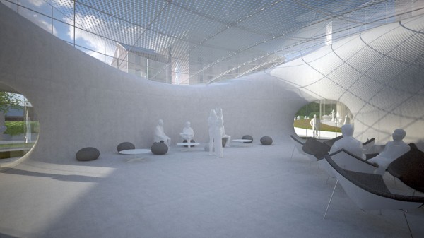 Inside one of the loops, people will be able to gather for events under a gently curved glass roof that filters sunlight. Image via Bakoko.