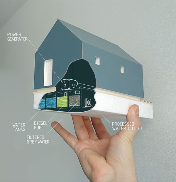 Schematic showing some of the sustainability feature of the Floating Barn. Image via NRJA.