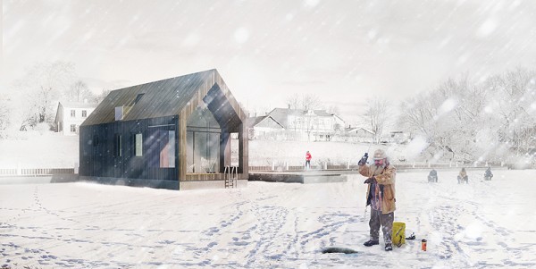 Artist's impression of Latvia's Floating Barn in a colder, icebound time of year. Image via NRJA.