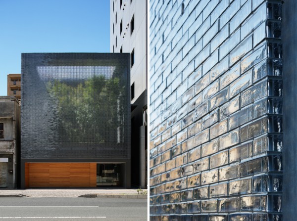 The glass masonry facade, seen from the street, and a closeup of the glass-block structure (at right). Images by Koji Fujii / Nacasa & Partners, via Hiroshi Nakamura & NAP.
