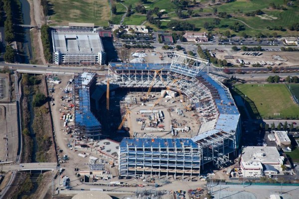The steel framework of the new Santa Clara Stadium slowly rises in this November 2012 aerial view. Image via San Francisco 49ers.
