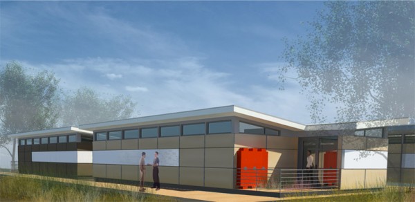 Orange cisterns in this architectural drawing will collect rainwater for use in adjacent gardens. Image via Perkins+Will.