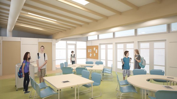 This artist rendering shows the ample amount of natural light provided by skylights and clerestory windows. Image via Perkins+Will.