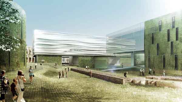 Next to the museum of Roman artifacts will be an archaeological garden, with green walls and vegetation interwoven between the ancient stones. Image via Elizabeth de Portzamparc.