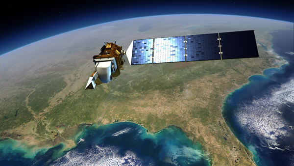 An artist rendering showing Landsat 8 flying over the southeastern U.S. (image credit: NASA)