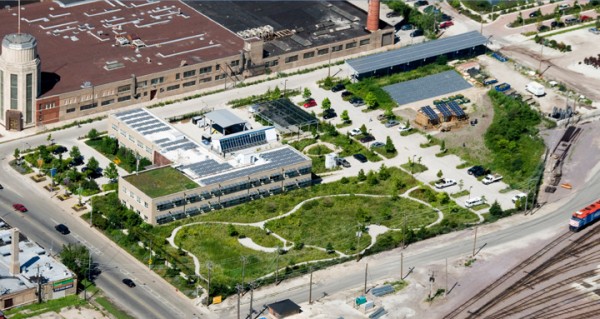 An aerial view of the 17-acre former industrial site that is now home of the Chicago Center for Green Technology. Image via Farr Associates.