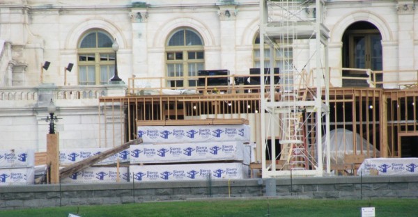 The President's inauguration stage under construction using SFI-certified lumber. Image via Sierra Pacific Industries.