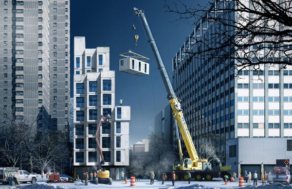 The prefab units in the My Micro NY project would be stacked like blocks at the Kips Bay site. Image via NYC Mayor's Office.