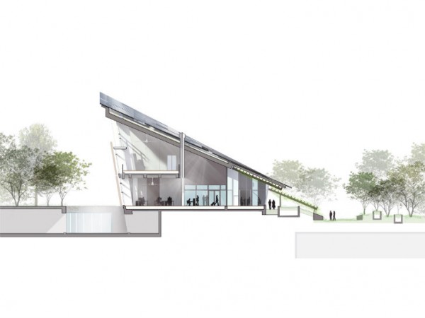 A cross-section schematic of the wedge-shaped ZCB, showing some of the rainwater collection swales. Image via Ronald Lu & Partners.