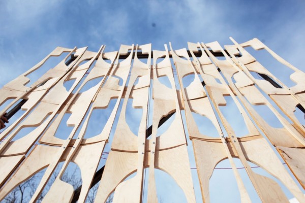 A test wall made of scrap wood, known as "bones" and "blanks," that are the byproduct of the skateboard-making process. Image via MoMA PS1.