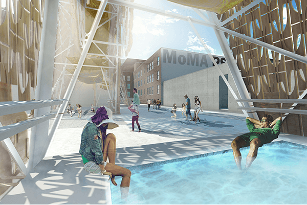 The shade-producing "Party Wall" will also include shallow pools and sprayed mist to keep PS1 visitors cool. Image via CODA.