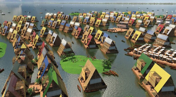 An artist's rendering of an entire sustainable floating community based on Adeyemi's designs. Image via NLE Architecture.