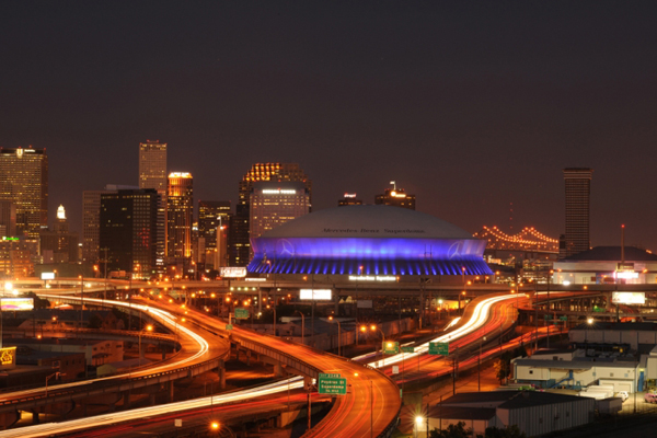New Orleans' Mercedes-Benz Superdome features more than 26,000 LED lights on the building's exterior. The system uses only 10 kilowatts of electricity, equivalent to powering a small home. (image via SMG)