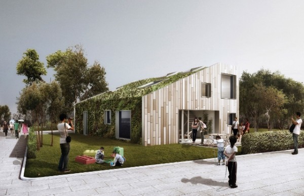 Artist's concept of completed WorldFlexHome, with green roof and wall. Image via WorldFlexHome.