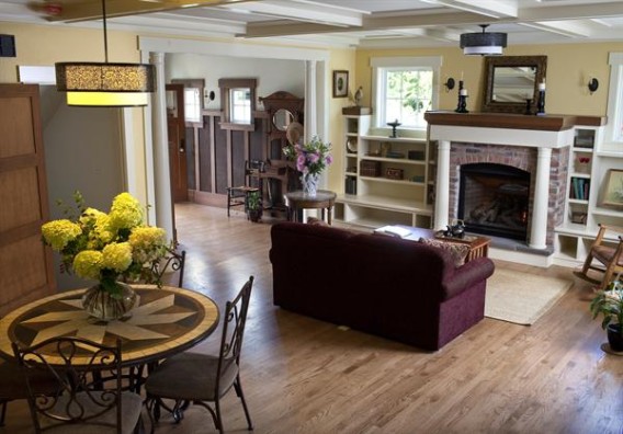 Shelves and fireplace