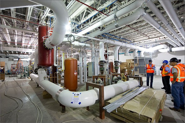 The mechanical room under the ESIF building transfers excess server heat to keep the NREL offices and labs warm. Image by Dennis Schroeder via NREL.