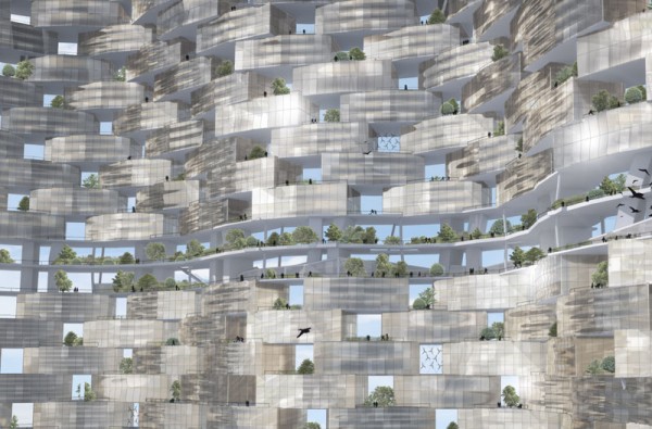 Artist's concept of a circular "vertical village" that could be created with robot-lifted prefab modules. Image via Gramazio & Kohler Architekten.