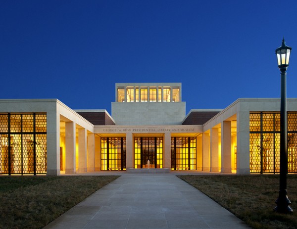 The entrance to the LEED Platinum-certified library for President Bush. Image via George W. Bush Presidential Center.