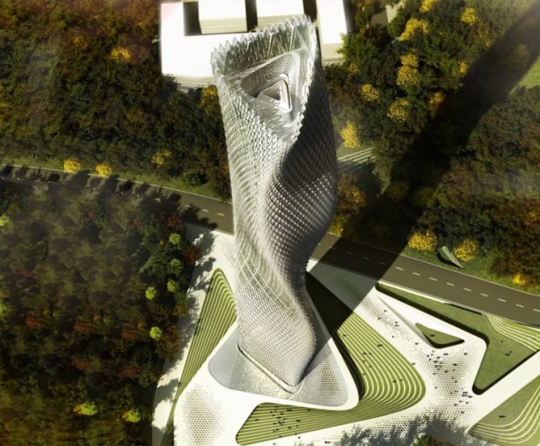 This twisting, undulating Taiwan skyscraper design is to be powered by hundreds of wind turbines embedded in its facade. Image via Decode Urbanism Office.