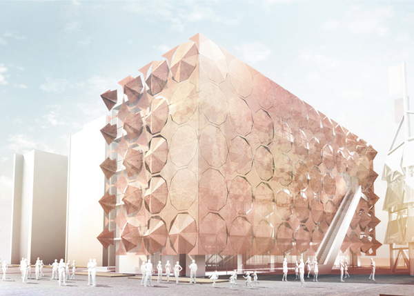 Artist's conception of the new sun-shade cladding on Shanghai's Madrid Pavilion. Image via 3Gatti Architecture Studio.