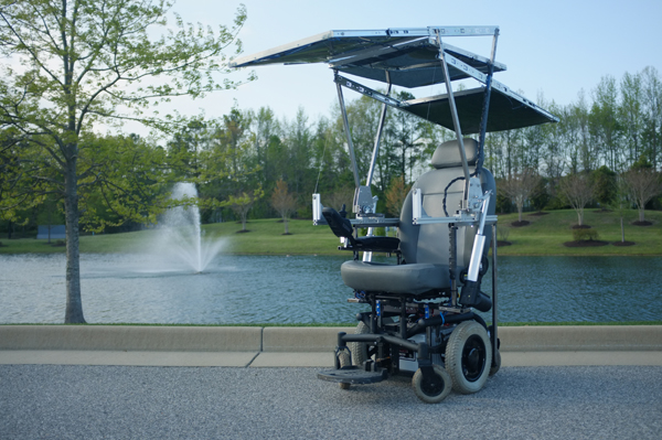 The team's solar-powered wheelchair includes solar panels that are easily deployed and stored, providing nearly unlimited range at low speeds. (image via University of Virginia)