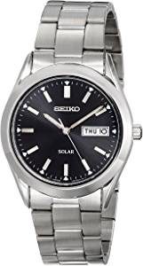 Seiko Men's Silvertone Black Dial Solar Calendar Watch